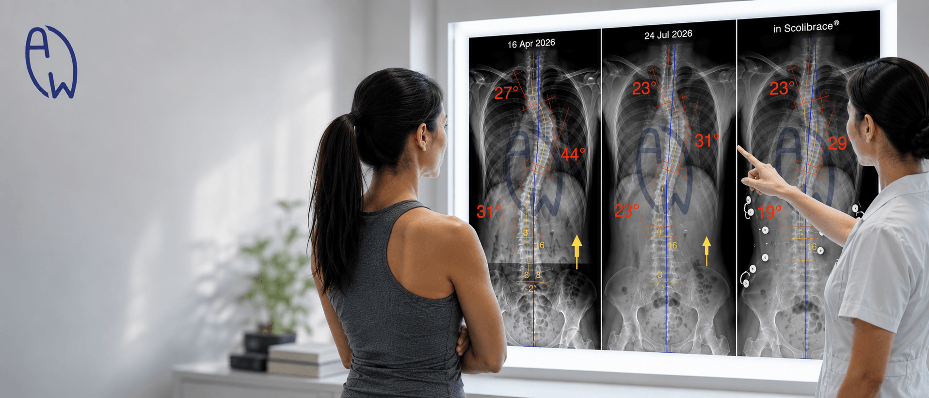 Standing adult scoliosis X-rays of a woman in her 30s before treatment, after rehabilitation, and in a ScoliBrace®. The images show improved spinal alignment toward the body's center line following personalized scoliosis treatment.