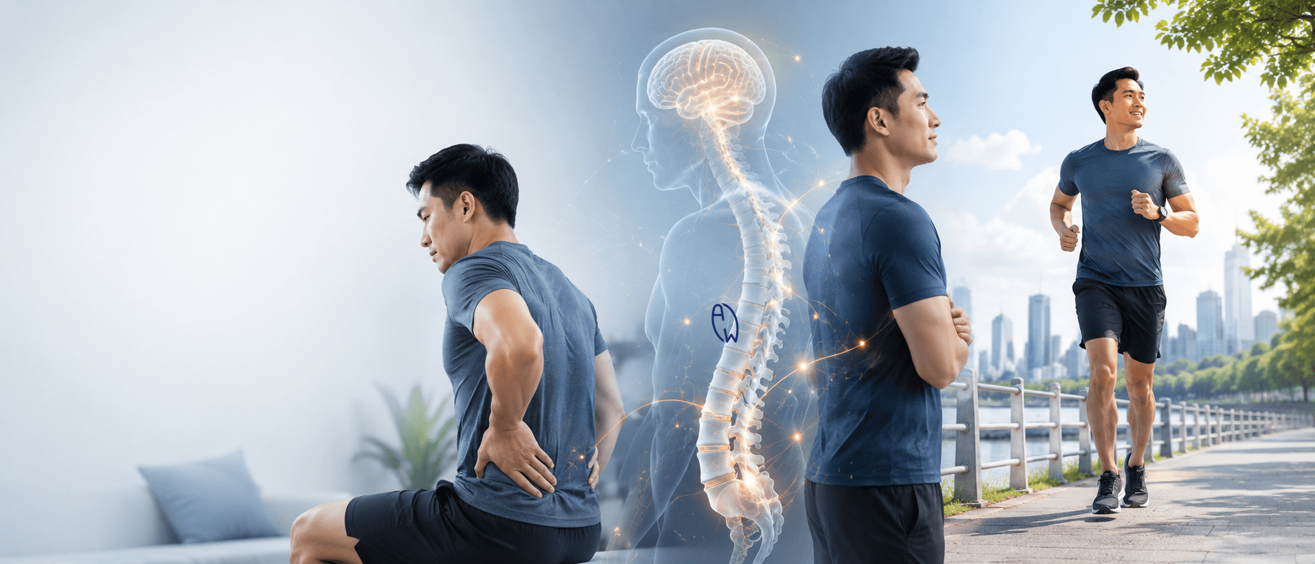 Asian man recovering from chronic lower back pain and sciatica showing the connection between brain, nervous system, spine, and movement confidence after core rehabilitation