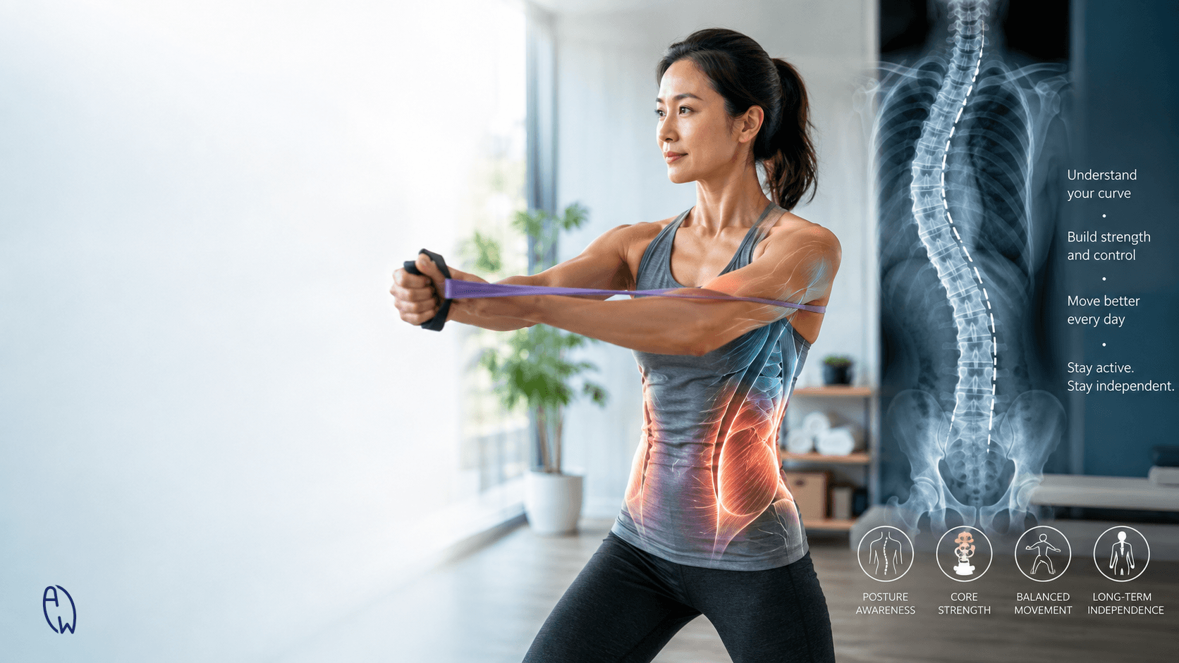 Adult woman exercising with a resistance band beside a scoliosis X-ray, illustrating strength, posture awareness and movement for adults with scoliosis