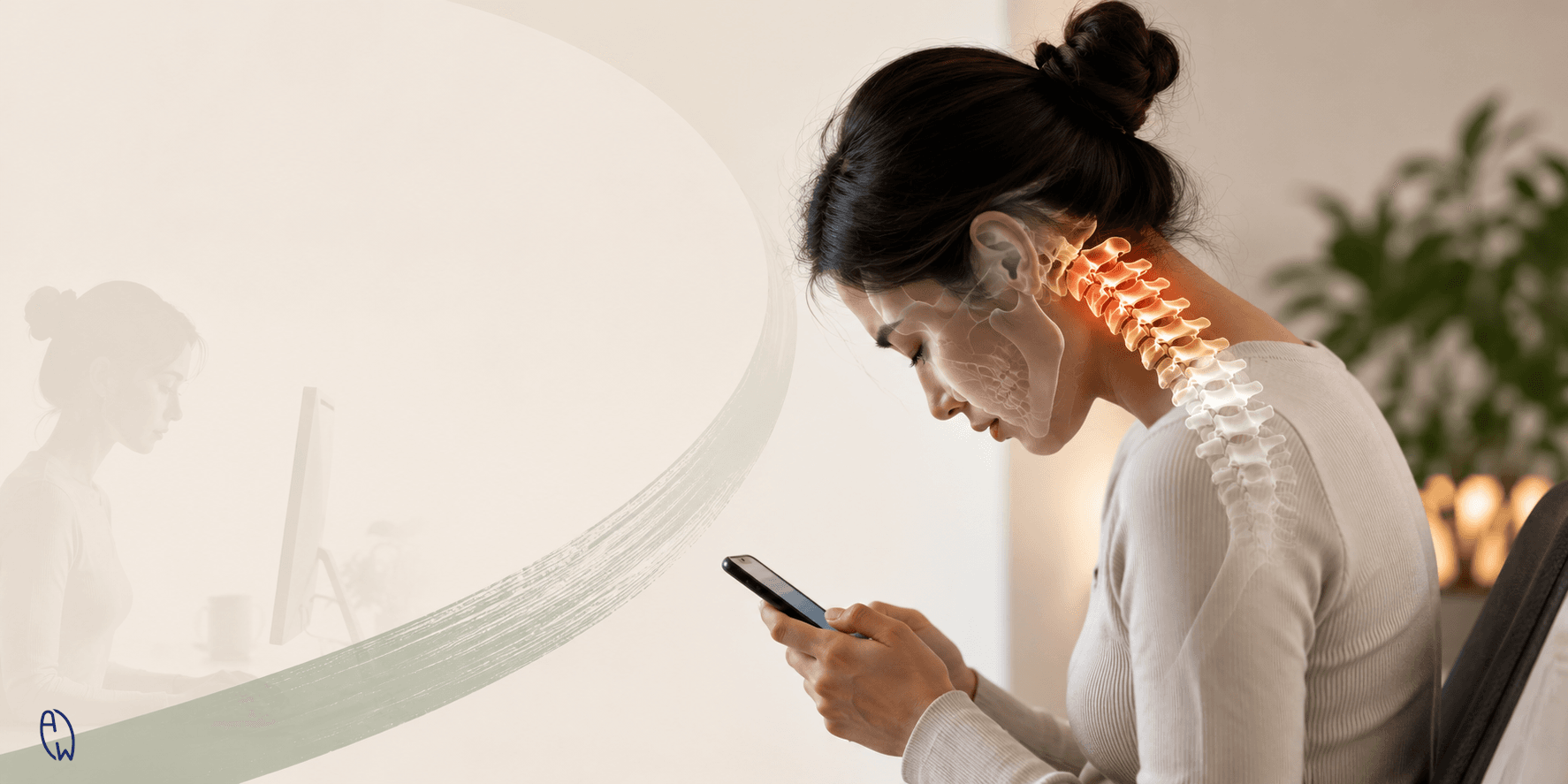 Woman using a smartphone with forward head posture and highlighted upper cervical spine