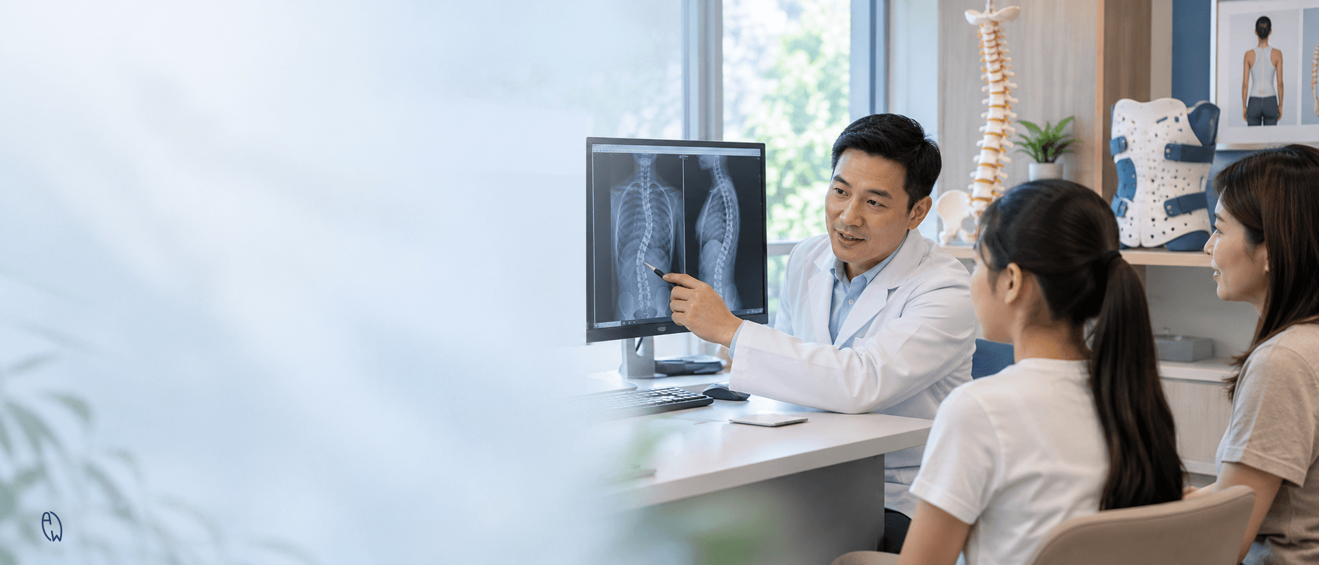 Doctor discussing non-surgical scoliosis treatment options with a teenage patient and parent, using spinal X-rays to explain personalised care.