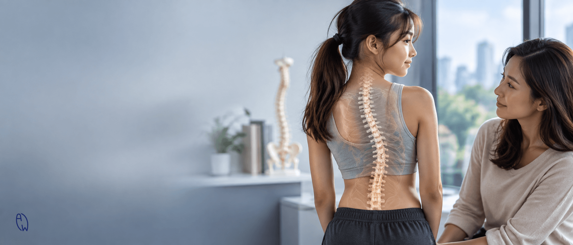 Teenage girl with scoliosis and parent discussing spinal growth and scoliosis progression during puberty