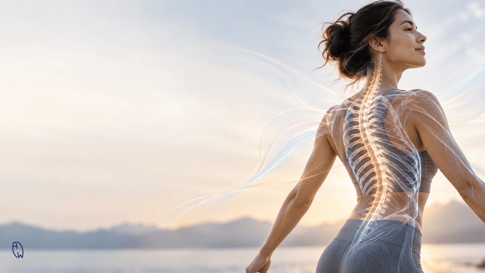 Woman demonstrating confident movement with a subtle scoliosis spine and rib cage illustration, representing the connection between breathing, movement and the nervous system.
