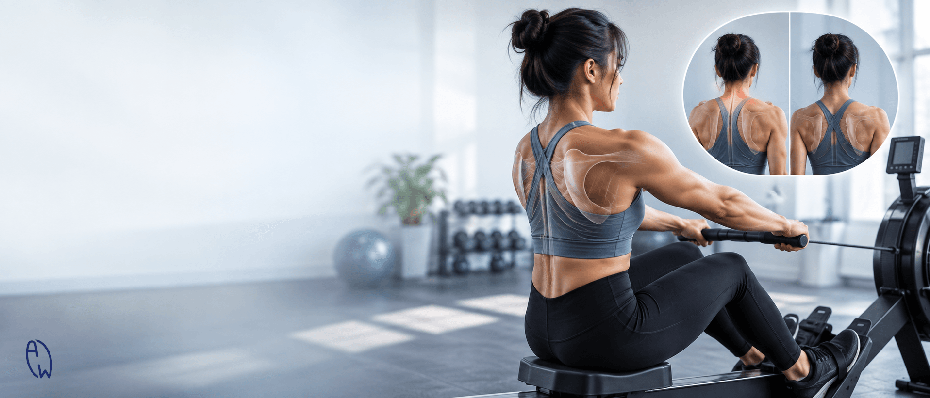 Woman rowing on an indoor rowing machine with focus on upper back and shoulder blade movement