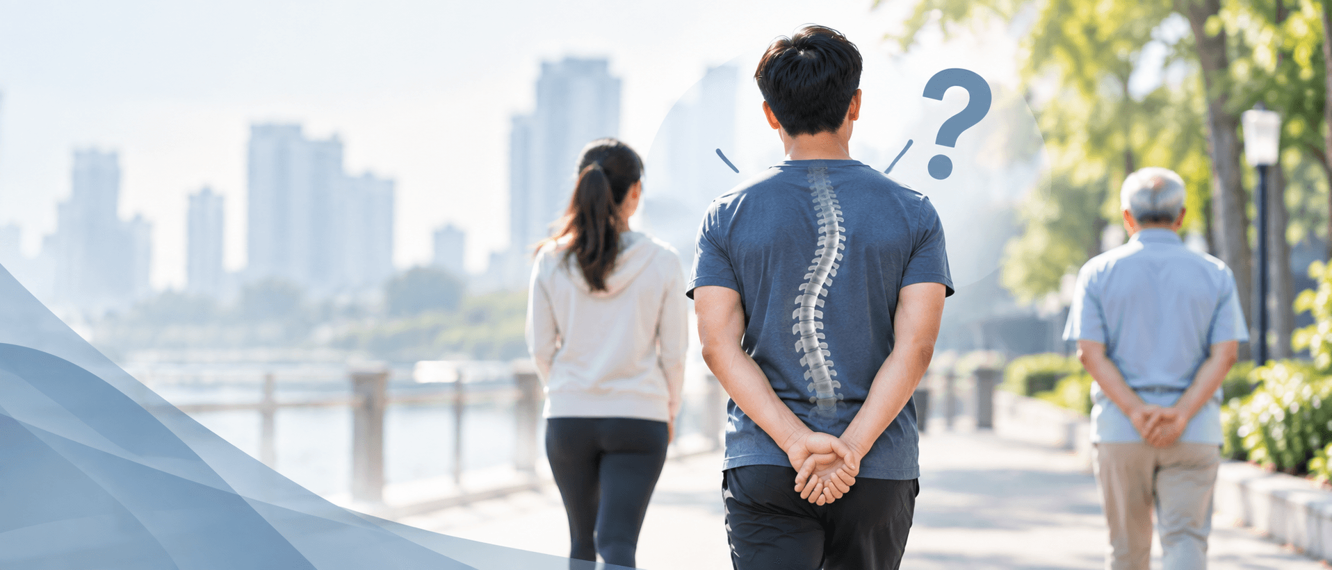 A man walking with his hands clasped behind his back, with a subtle spine illustration and question mark, exploring the relationship between walking habits, posture, and movement.
