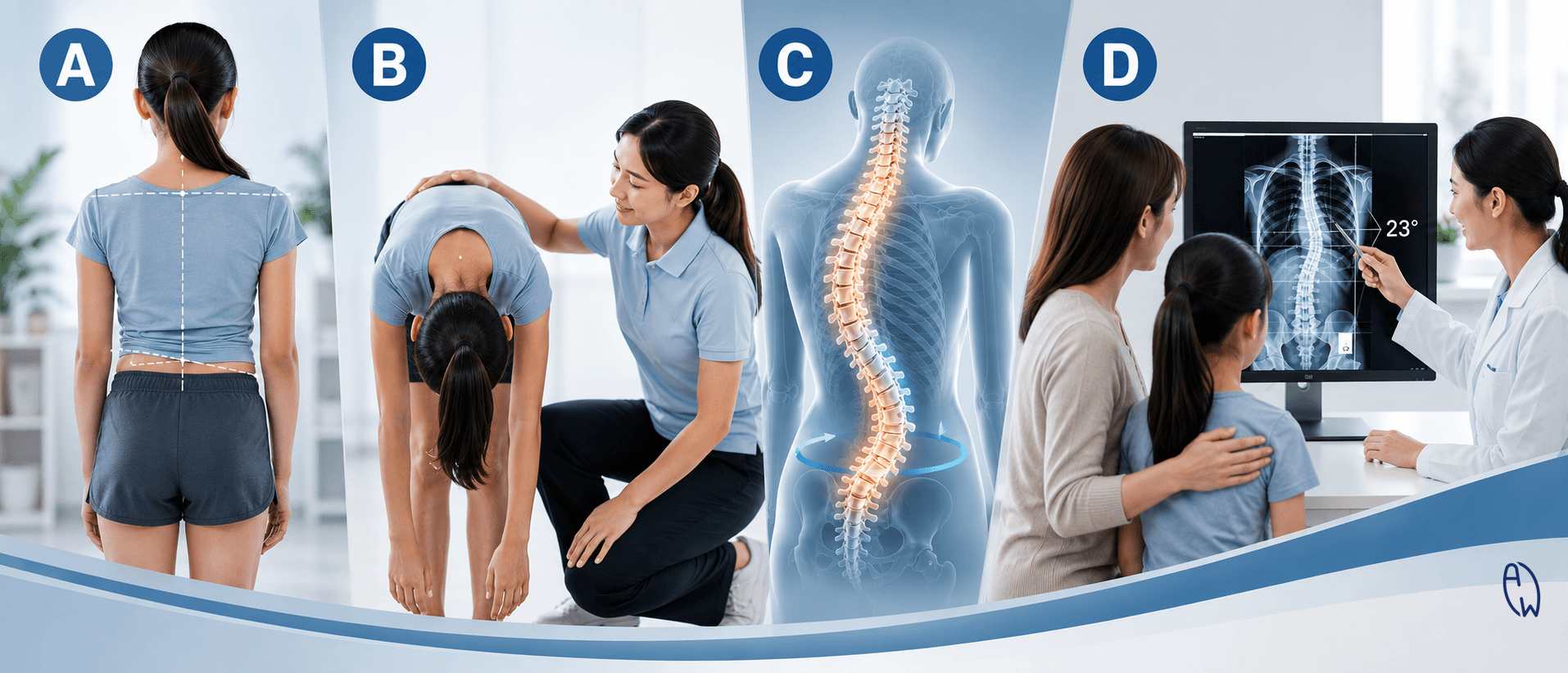 Illustration showing the ABCD of scoliosis screening: Asymmetry, Bend Forward, Check for Curve, and Diagnosis by X-ray to help detect scoliosis early.