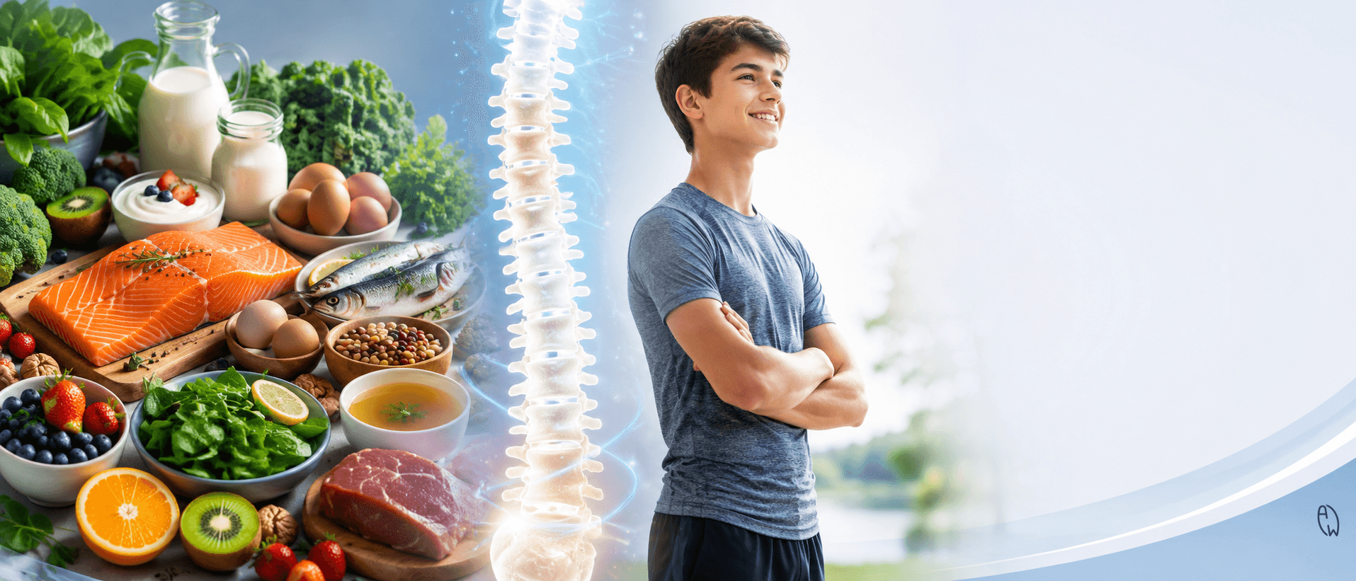 Healthy foods including fish, eggs, dairy, fruits and vegetables supporting spine health and nutrition for scoliosis management.