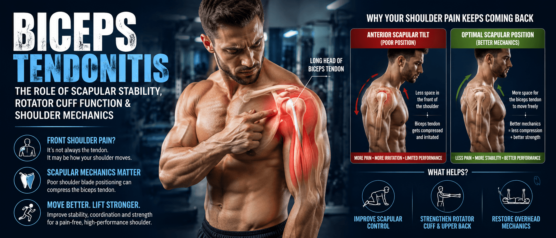 Gym athlete experiencing front shoulder pain during overhead lifting with anatomical illustration showing biceps tendonitis and scapular mechanics
