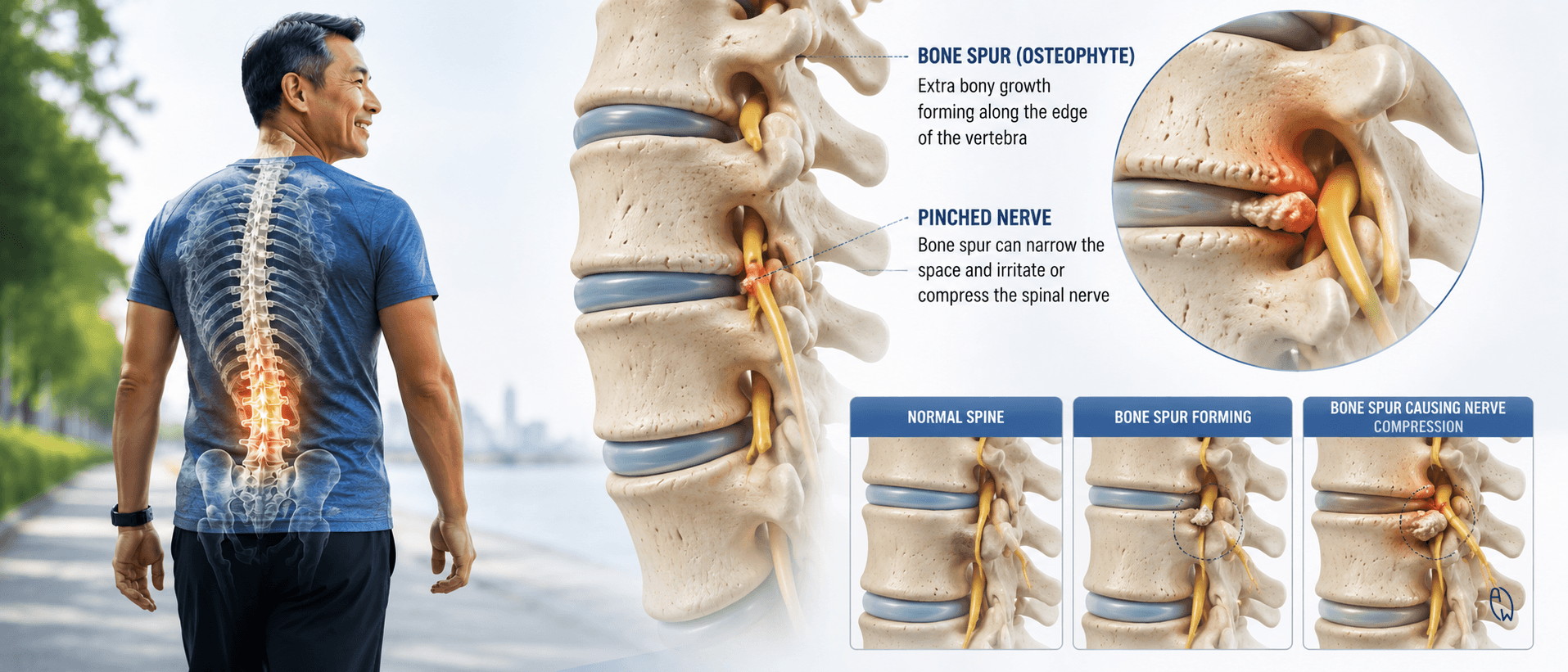 Bone spur (osteophyte) in the spine causing nerve compression and radiating pain
