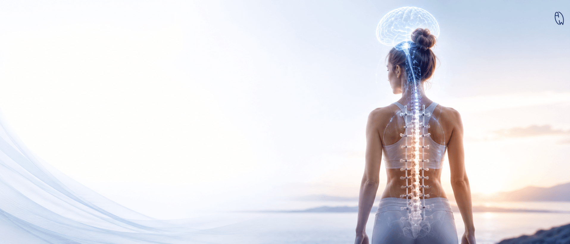 Brain adaptation after scoliosis surgery showing a patient with spinal fusion and the connection between the brain, nervous system, posture, balance, and recovery.