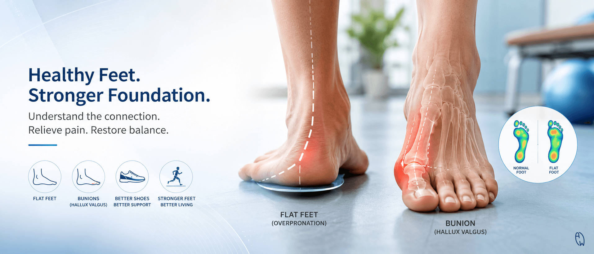 Illustration showing the connection between flat feet and bunions (hallux valgus) with arch collapse and big toe deviation.