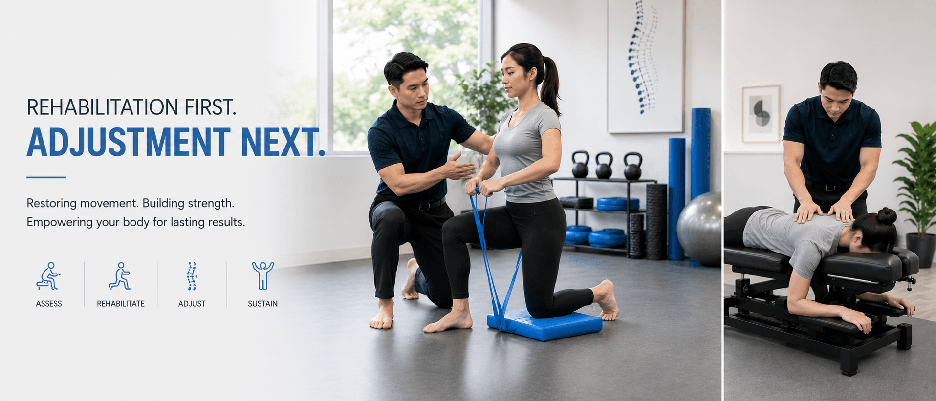 Chiropractor guiding a patient through rehabilitation exercises before a spinal adjustment as part of a personalised chiropractic treatment programme in Singapore.
