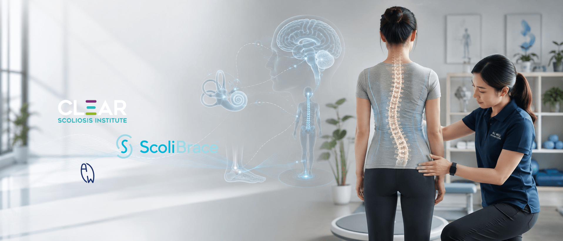 Clinician guiding a patient through neurological rehabilitation using the CLEAR Institute Protocol, illustrating the relationship between the nervous system, balance, and scoliosis.