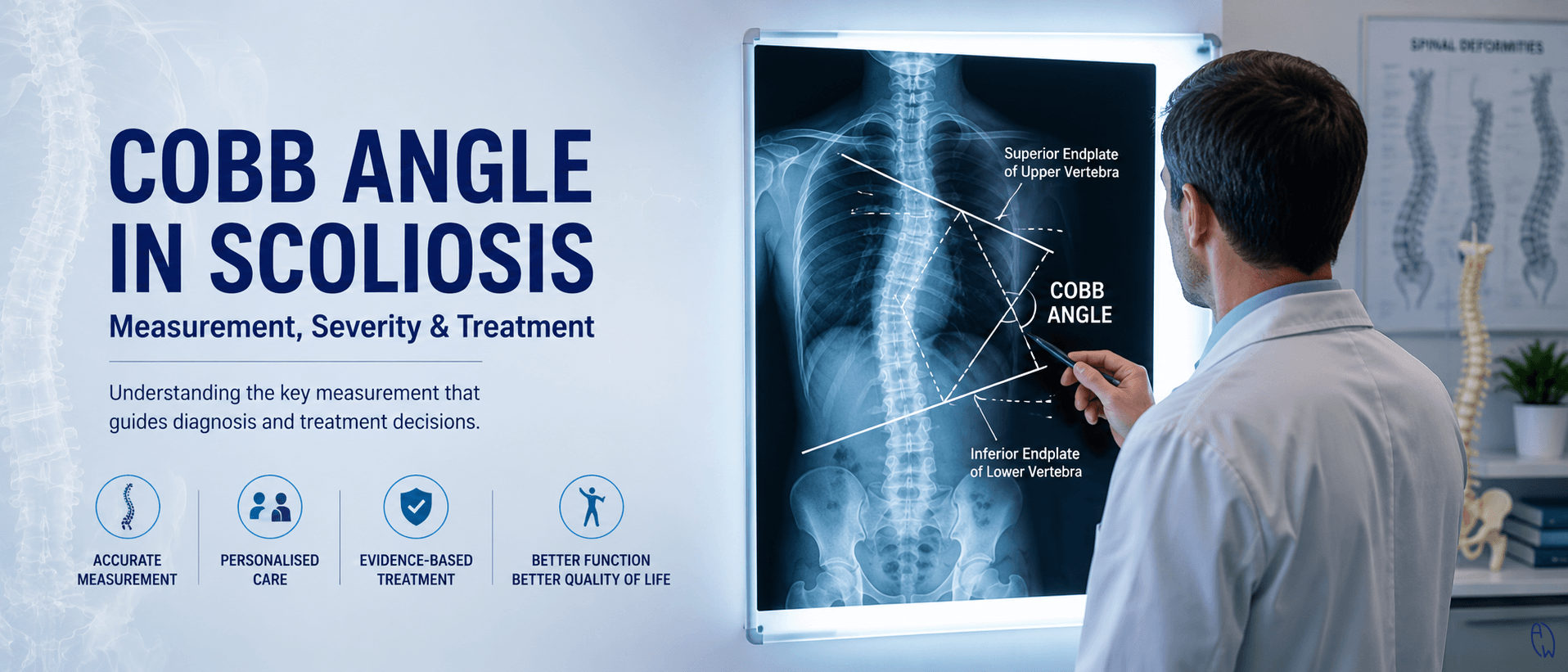 Cobb angle measurement on a scoliosis X-ray used to assess spinal curve severity.