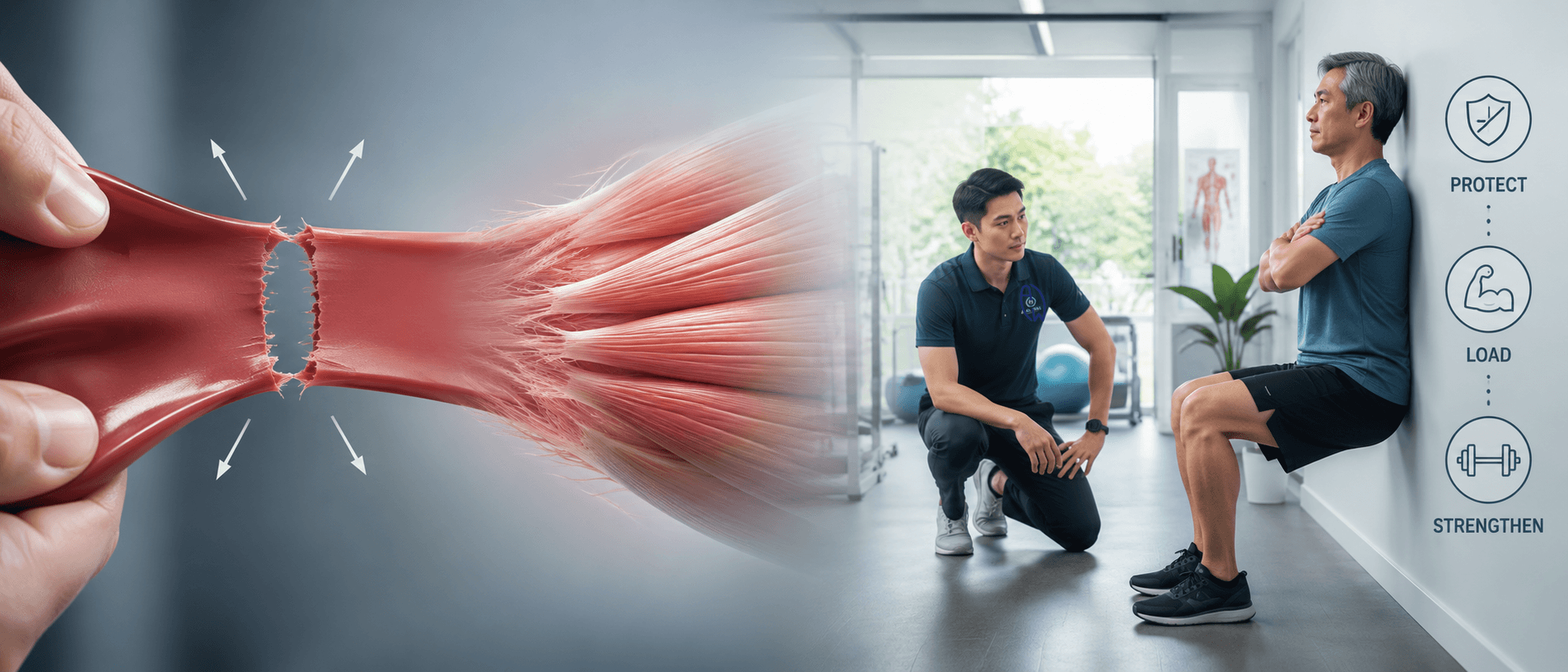 Illustration showing a torn resistance band transitioning into healthy muscle fibers as a patient performs a wall sit during rehabilitation, demonstrating why progressive loading is more effective than stretching a fresh muscle tear.