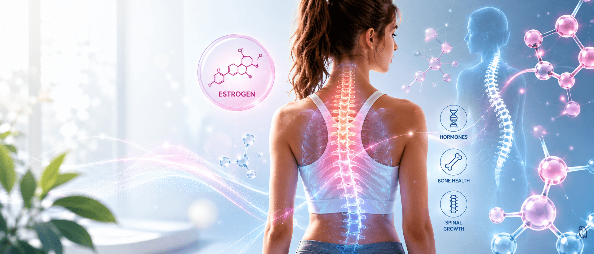 Teenage girl during puberty with spinal anatomy illustration showing the possible connection between estrogen, growth, and scoliosis progression