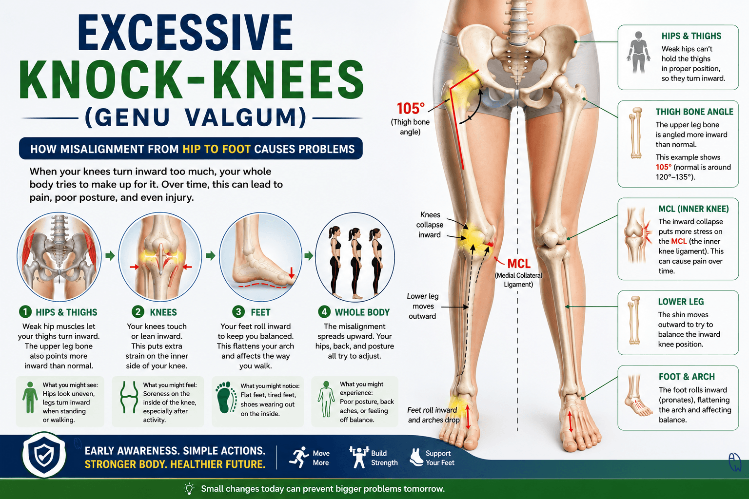 Teenager with excessive knock knees (genu valgum) showing flat feet, hip weakness, inward knee collapse, MCL stress, and foot pronation biomechanics.