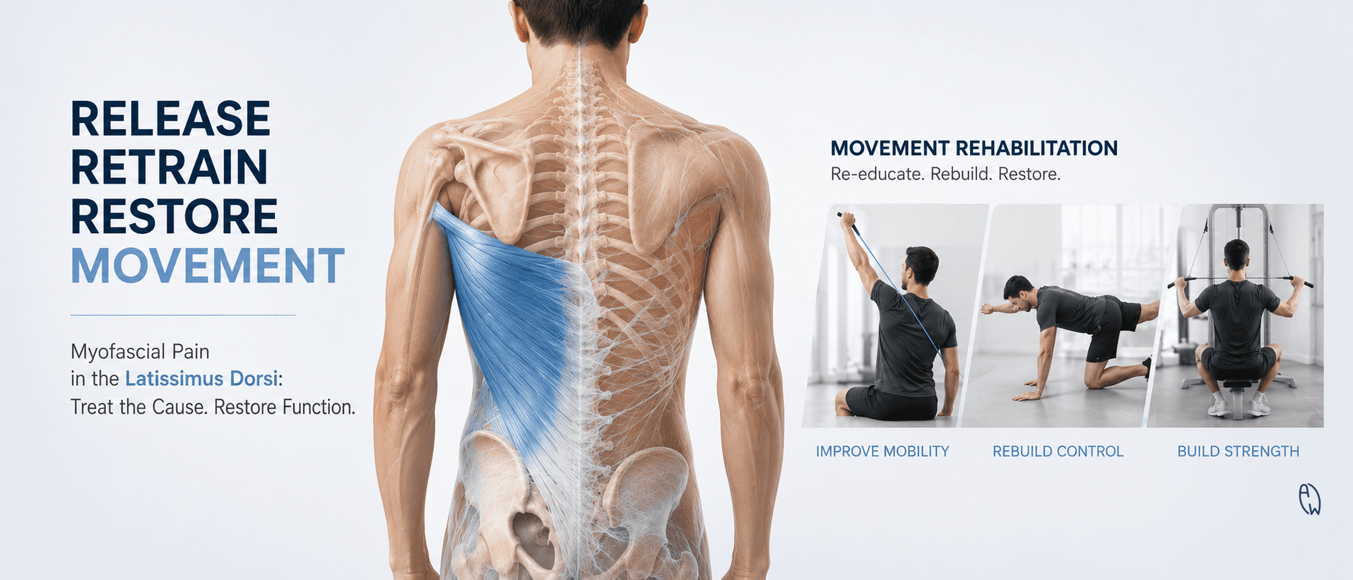 Illustration showing latissimus dorsi fascia restriction, myofascial pain syndrome, and movement rehabilitation after fascia hydrodissection treatment.