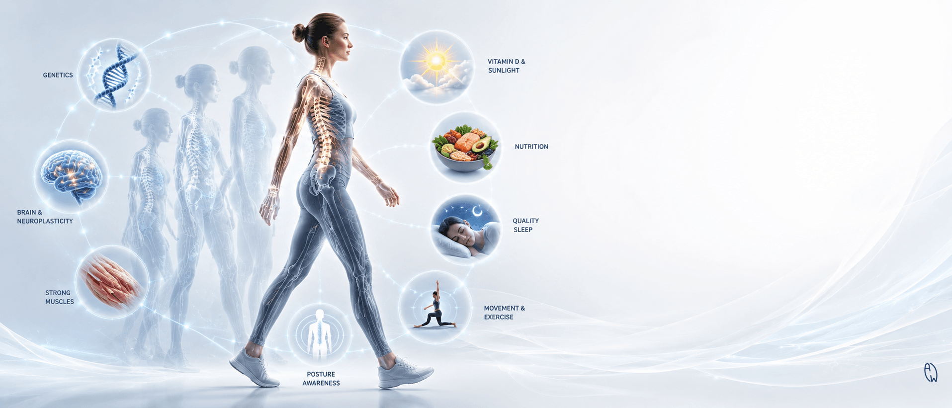 Illustration showing how genetics, brain function, muscles, nutrition, sleep, movement, and posture awareness work together to influence scoliosis and spinal health.