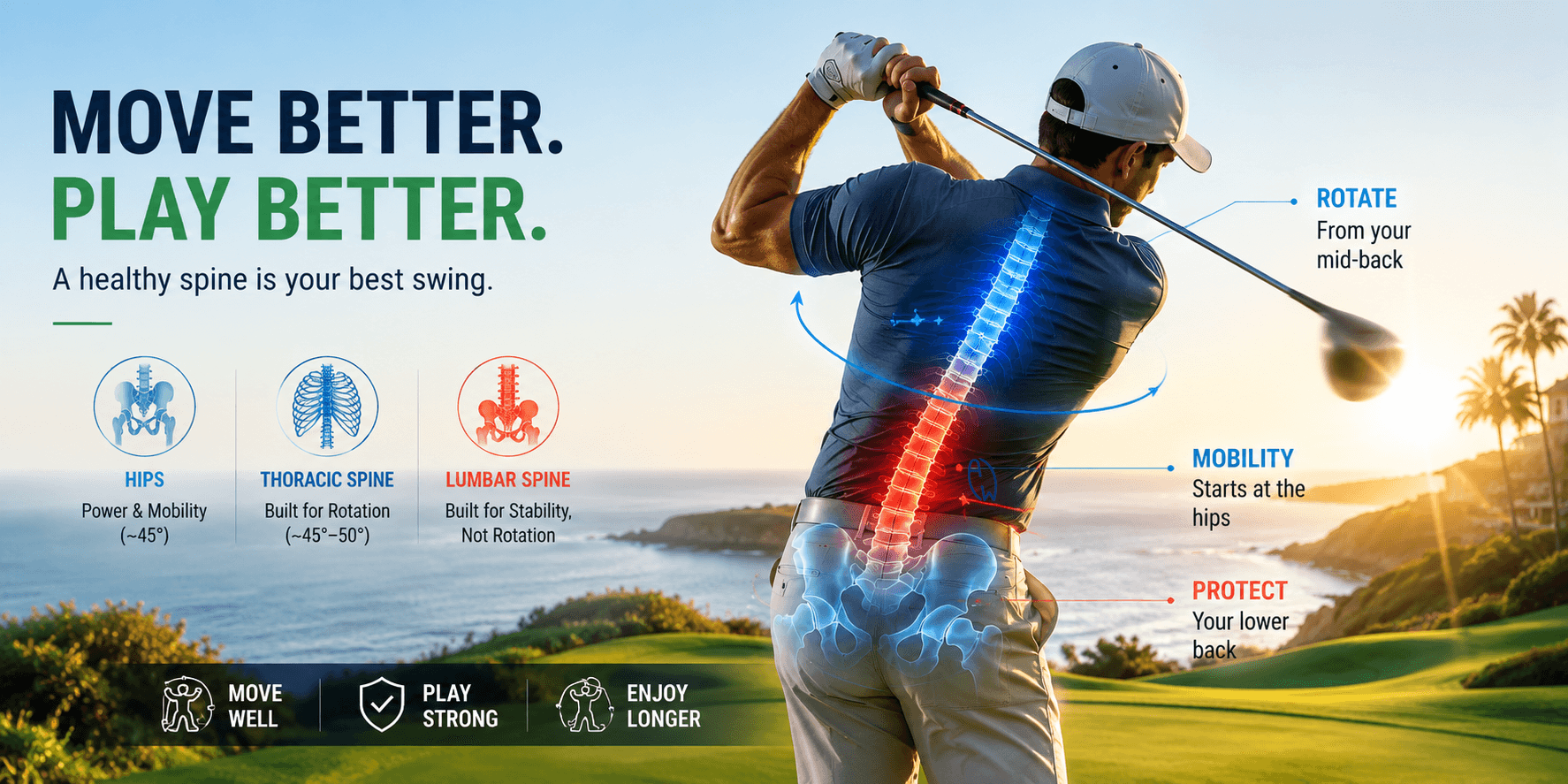Golfer performing a golf swing with highlighted thoracic spine, hips, and lower back mechanics showing how poor rotation and limited mobility can contribute to lower back pain in golfers.