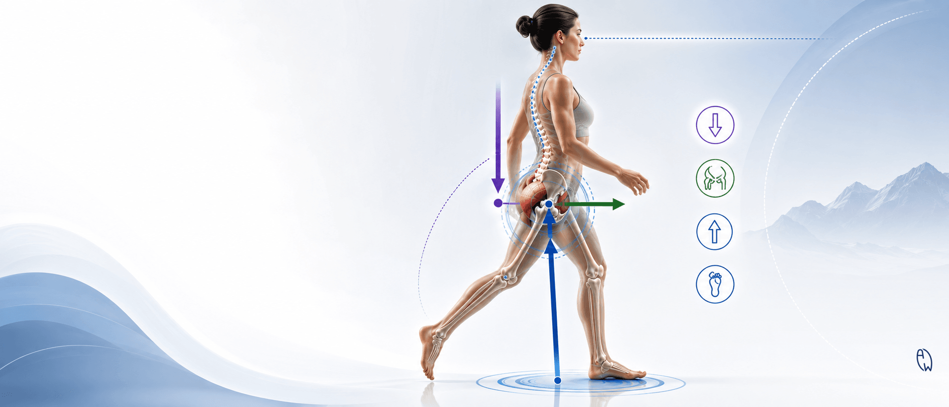 Anatomical illustration of hip biomechanics during walking, showing single-leg stance, pelvic balance, ground reaction force, and hip stabilizing muscles.