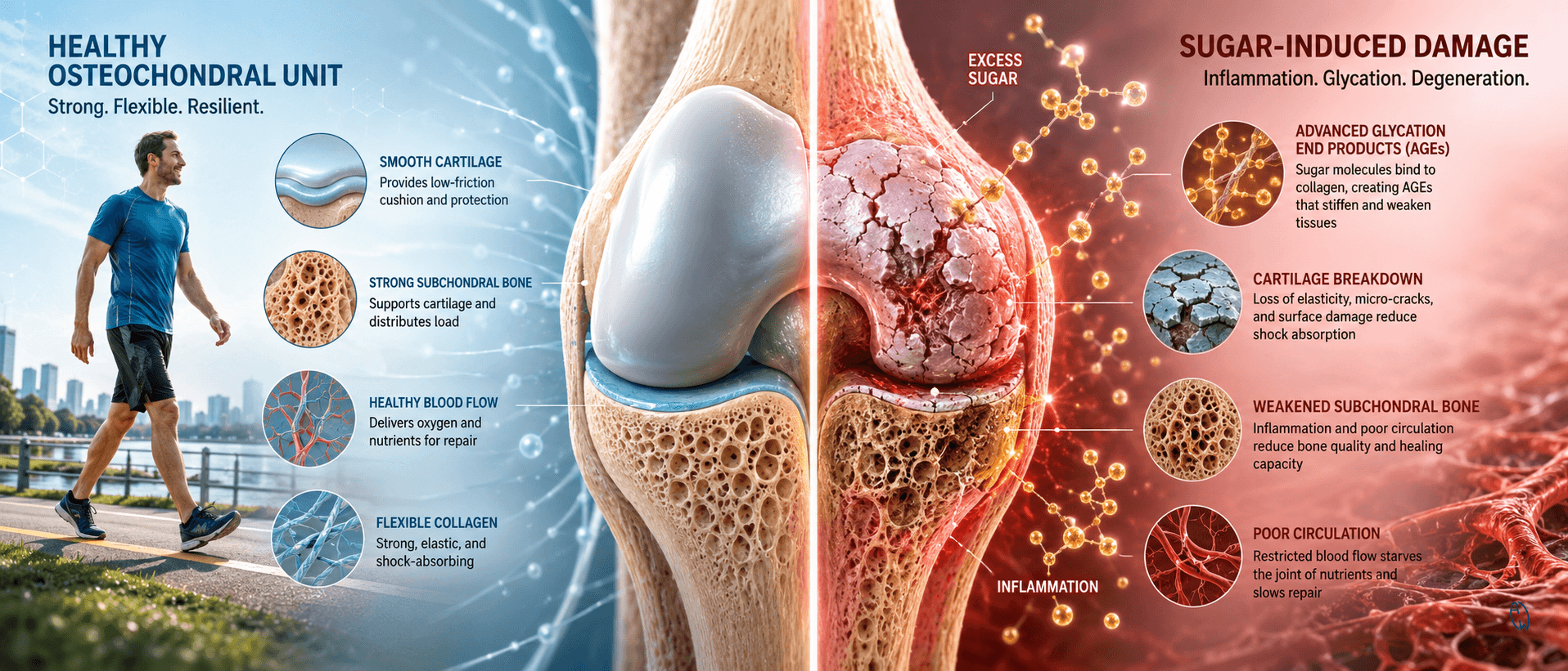 Medical illustration showing how excess sugar causes glycation, damages collagen, reduces cartilage elasticity, and accelerates joint degeneration compared with healthy joint tissue.