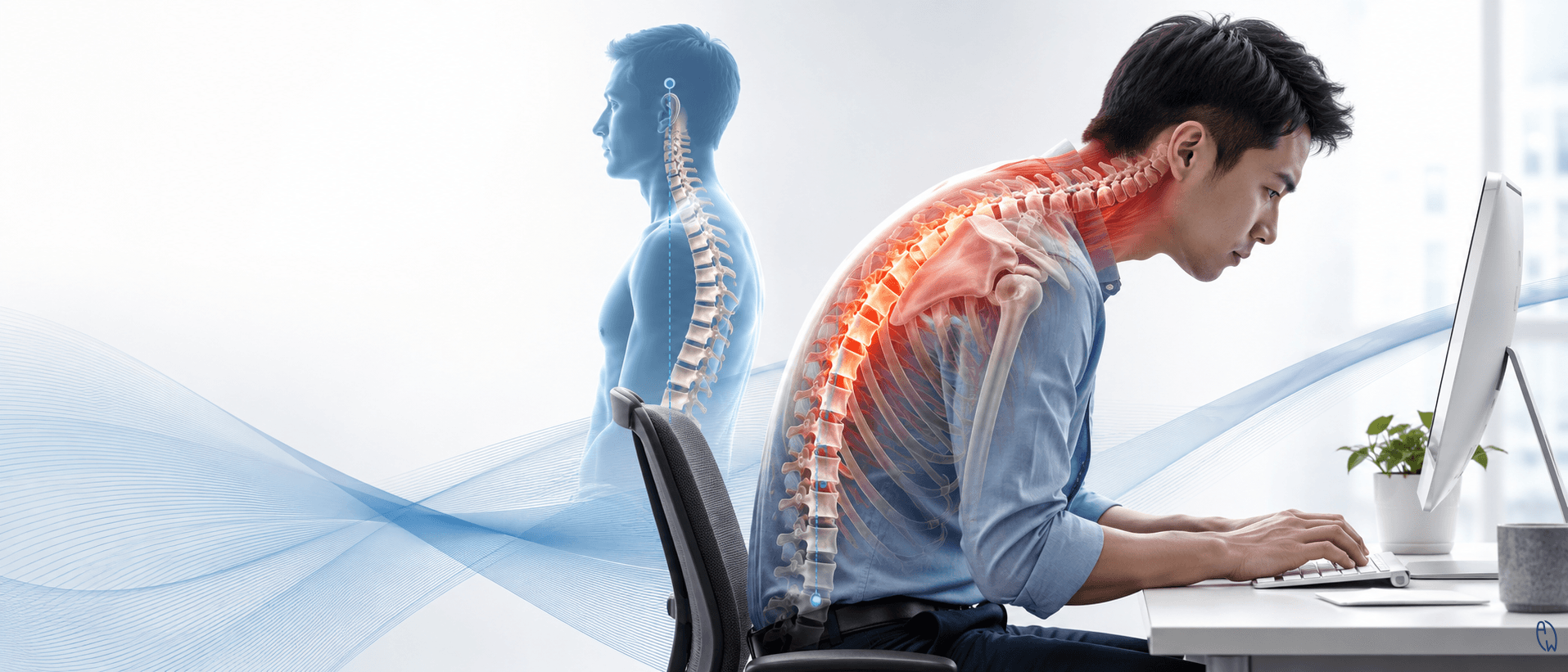 office worker with hunchback posture (hyperkyphosis), forward head posture, rounded shoulders, and increased stress on the thoracic spine.