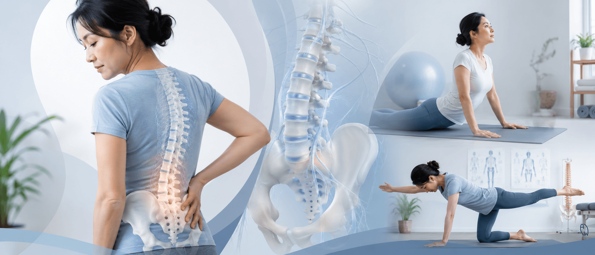 Woman experiencing lower back pain with spine and pelvis illustration showing possible causes beyond hormones and stress.