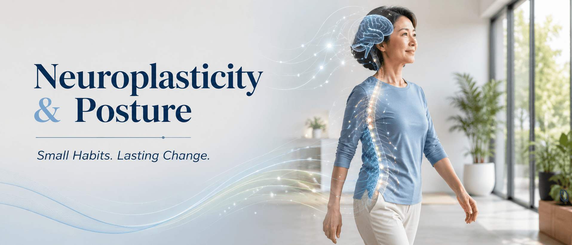 Healthy Asian adult demonstrating natural posture with subtle brain and nervous system imagery representing neuroplasticity and movement learning.