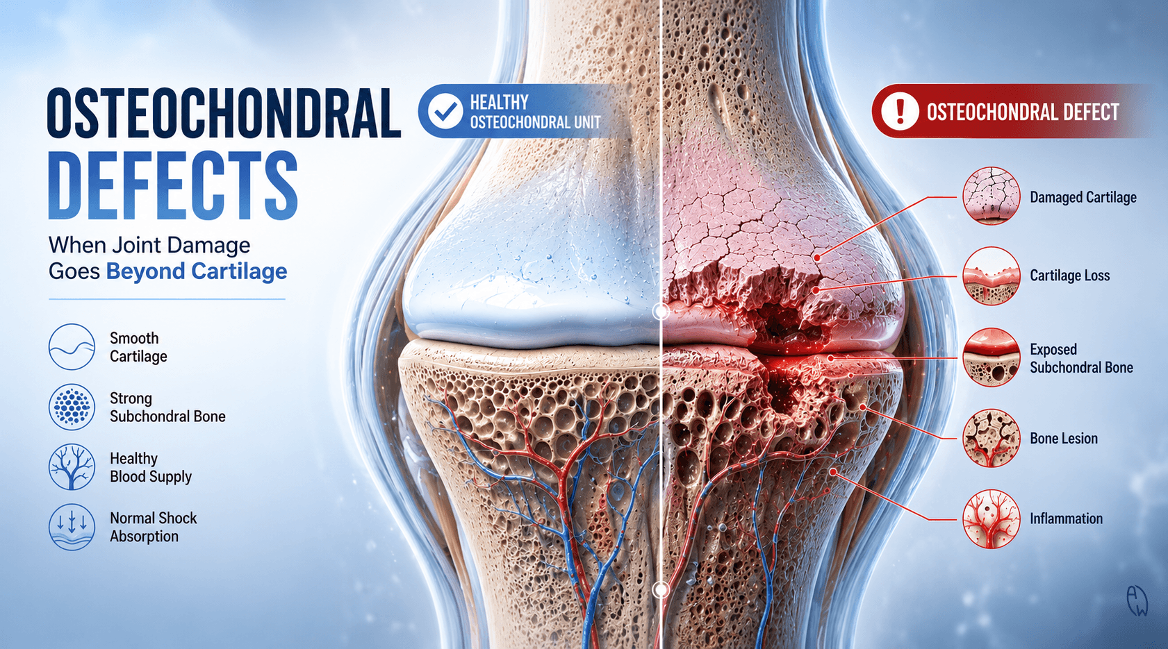Medical illustration comparing a healthy osteochondral unit with an osteochondral defect, showing cartilage damage, exposed subchondral bone, inflammation, and impaired joint healing.