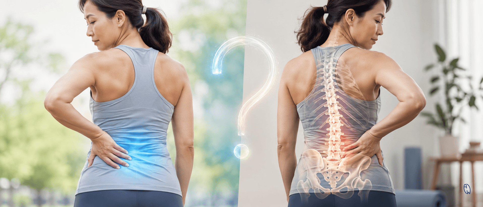 An active woman over 35 with persistent lower back pain shown alongside a transparent illustration of the lumbar spine and pelvis, highlighting the difference between muscle pain and potential bone-related conditions such as osteopenia or osteoporosis.