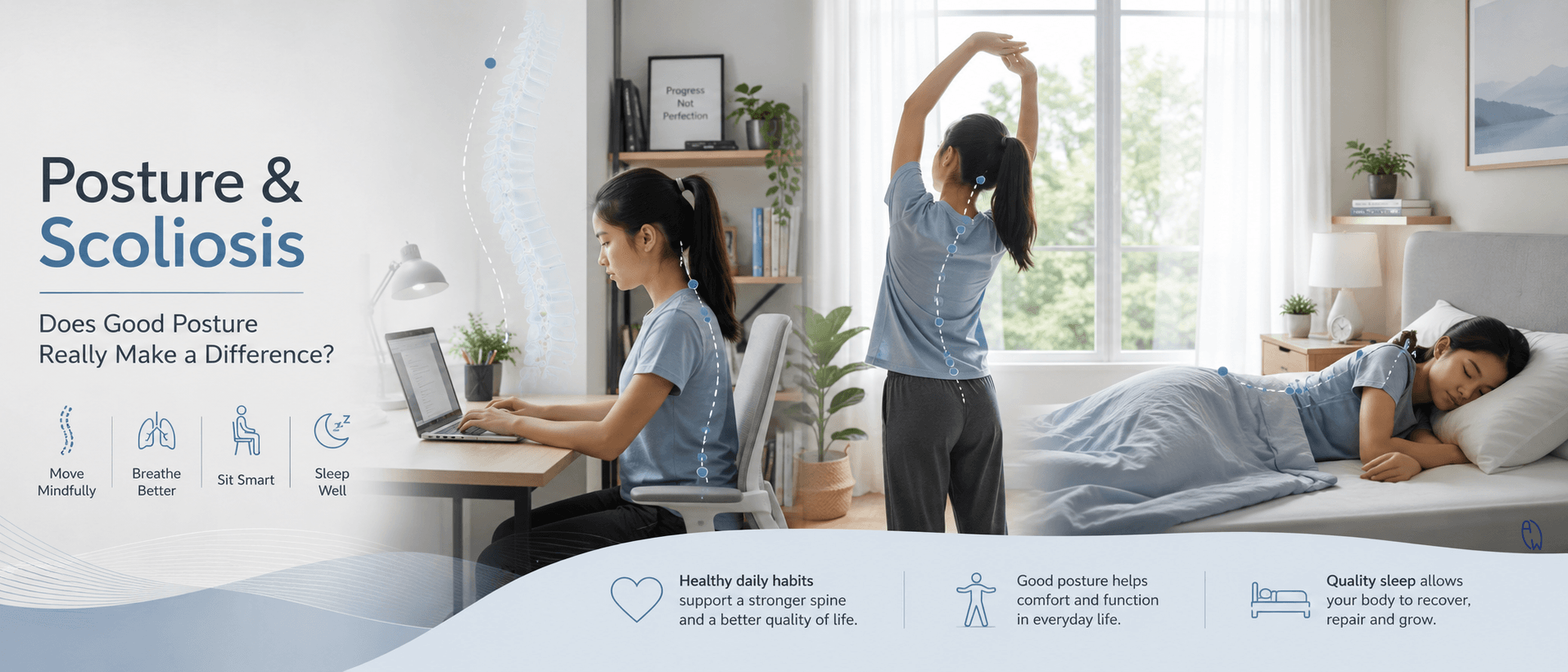 "Teenager with scoliosis maintaining healthy sitting and standing posture while studying, illustrating daily posture habits for spinal health."