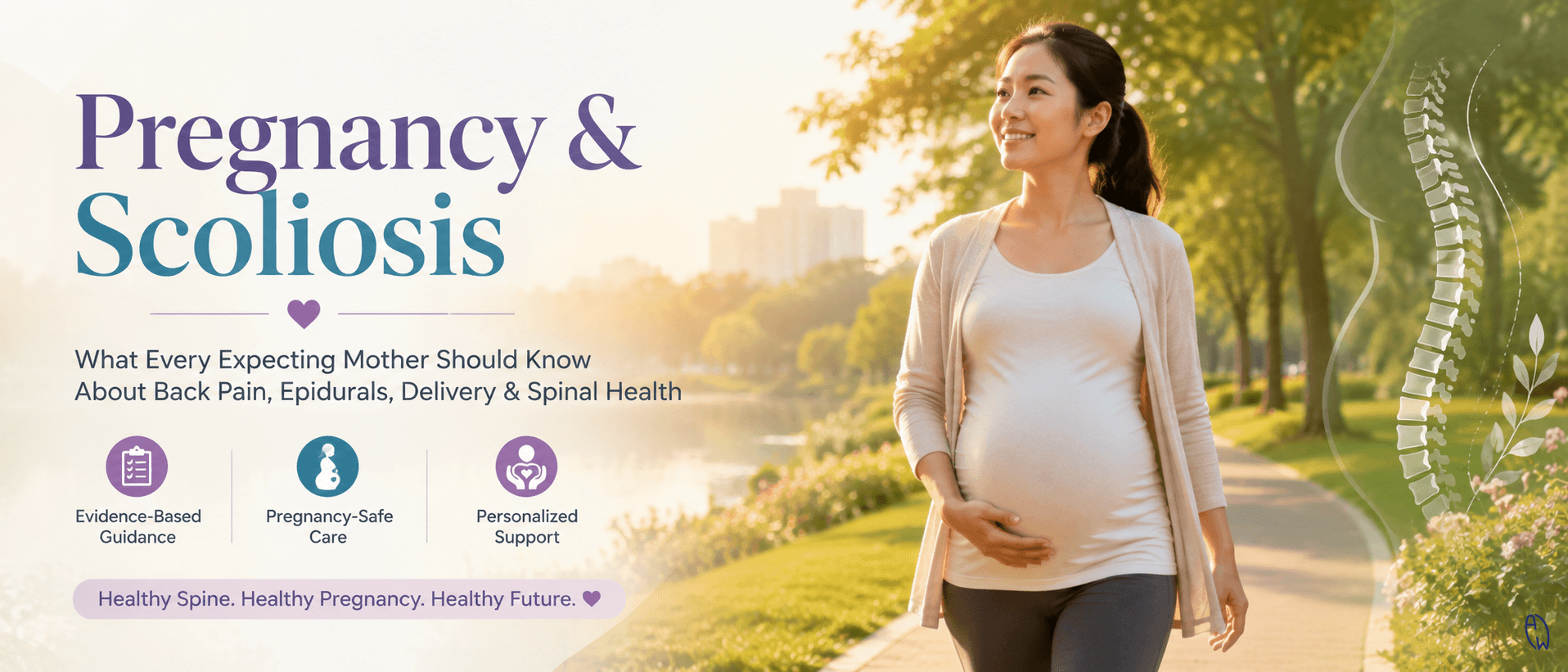 Pregnant woman with scoliosis practicing posture and spine-friendly exercises during pregnancy