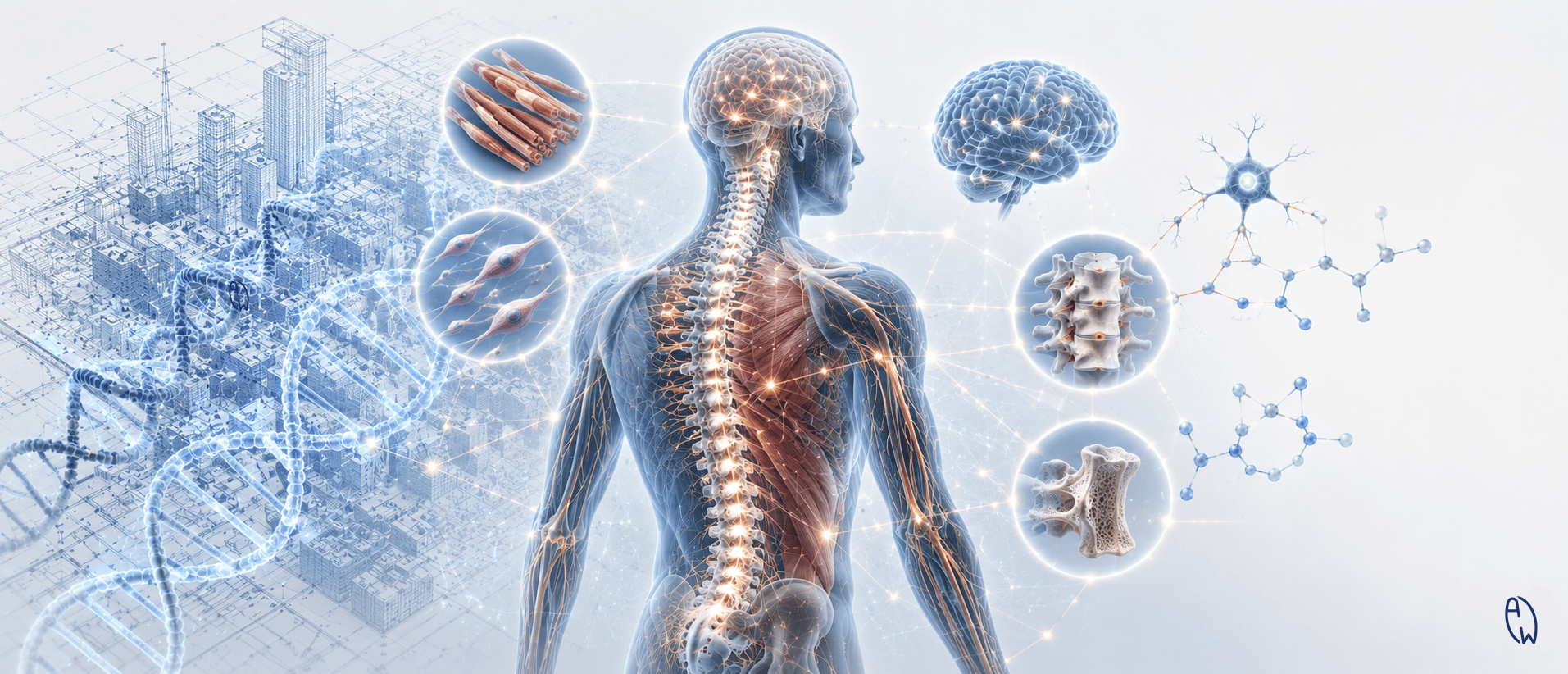 Medical illustration showing how developmental genes, the brain, muscles, nerves and vertebrae work together during spinal development and scoliosis.