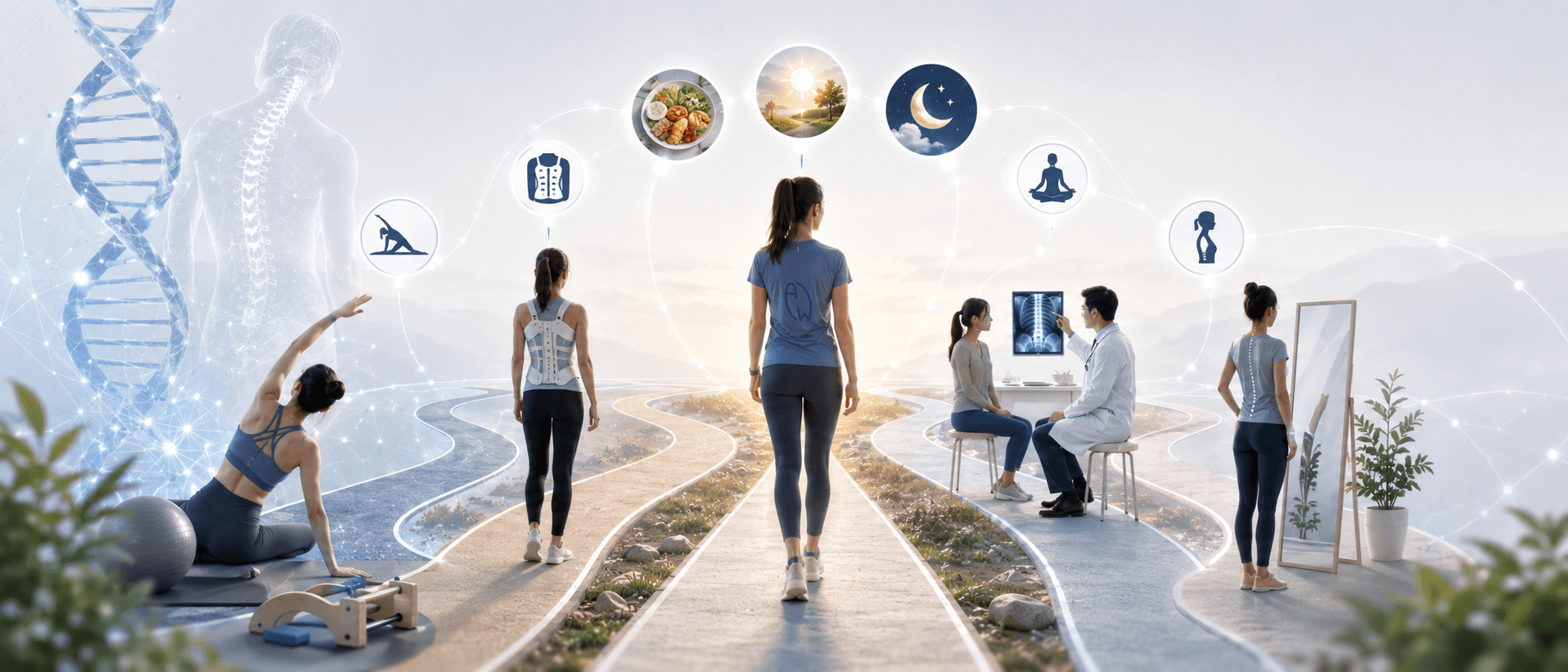 Illustration showing different scoliosis management journeys including exercise, bracing, nutrition, posture awareness, rehabilitation, and medical care.