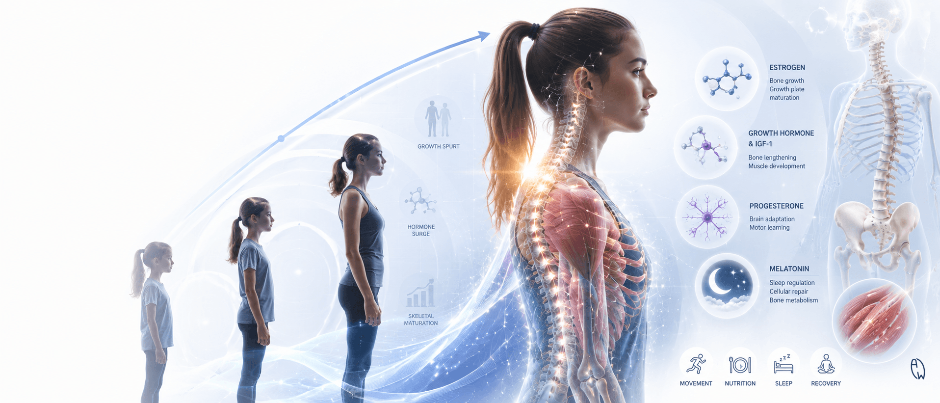 Medical illustration showing how puberty, growth hormones, muscles, bones, and the nervous system interact during adolescent scoliosis development.