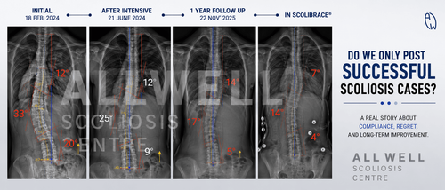 Sequential scoliosis X-rays showing a 14-year-old girl progressing from a 33° thoracic and 20° lumbar curve to improved spinal alignment through intensive rehabilitation, maintenance care, and ScoliBrace treatment.
