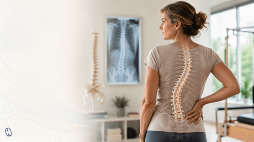 Adult woman with scoliosis experiencing lower back pain, with a subtle spinal curve visualization in a clinical setting.