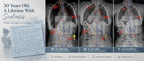 30-year-old woman with adult scoliosis showing three side-by-side X-rays before, after treatment, and in ScoliBrace®