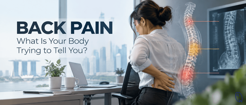 Woman experiencing back pain while sitting at a desk, with a spine illustration showing upper, mid and lower back areas