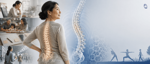 Adult woman with scoliosis standing beside a spine illustration showing how spinal changes may progress with age
