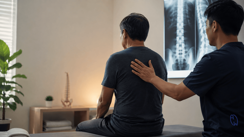 Practitioner providing gentle hands-on care to a patient with spinal stiffness, with a spinal X-ray in the background representing bamboo spine and ankylosing spondylitis.