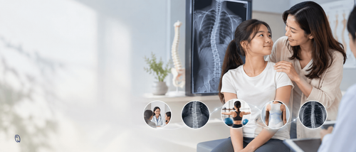 Parent and teenage girl discussing scoliosis after a school screening, with a spinal X-ray showing scoliosis in the background.