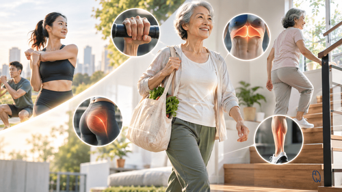 Older woman walking confidently with groceries, with younger adults exercising and visual highlights of grip, glutes, calves and diaphragm muscles for healthy ageing.