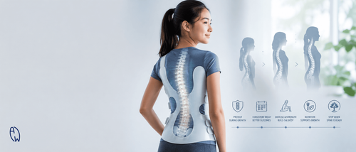 Teenage girl wearing a scoliosis brace with a spine overlay, illustrating brace support, growth, exercise, nutrition and the importance of stopping only when the spine is ready.