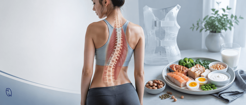 Woman with scoliosis showing the spine and paraspinal muscles alongside protein-rich foods, illustrating the role of nutrition and muscle strength in scoliosis care.