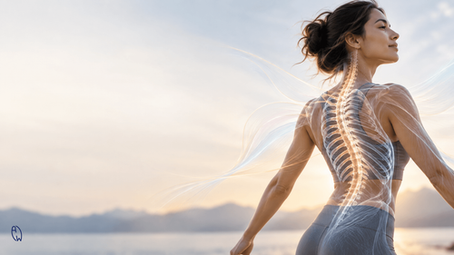 Woman demonstrating confident movement with a subtle scoliosis spine and rib cage illustration, representing the connection between breathing, movement and the nervous system.