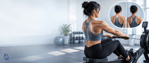 Woman rowing on an indoor rowing machine with focus on upper back and shoulder blade movement