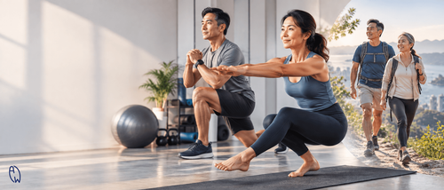 Middle-aged man and woman performing strength and mobility exercises to support healthy aging, movement and injury prevention.