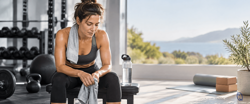Woman resting after an intense workout with weights on one side and a yoga mat and recovery space on the other.